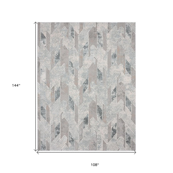 Homeroots 9' X 12' Gray Blue And Cream Geometric Distressed Stain Resistant Area Rug  Polyester 482986