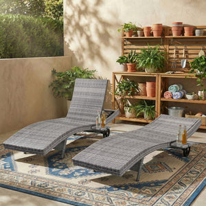 English Elm K&k Outdoor Wicker Reclining Chaise Set 2 Piece with Pull Out Tray Rolling Wheels Grey N707P395515E