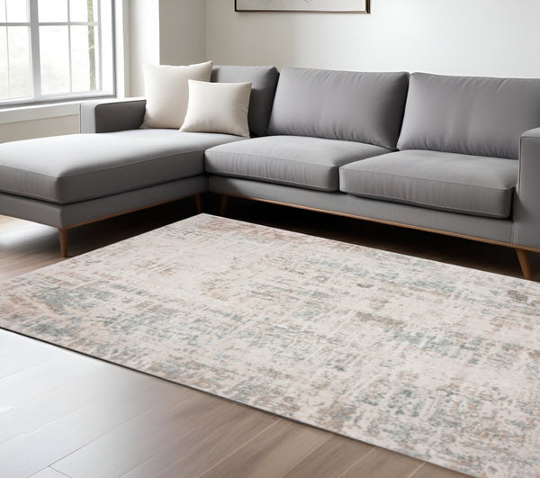 HomeRoots 5' Abstract Distressed Area Rug in Gray, Blue, Taupe & Cream - Stain Resistant for Modern Spaces 9' X 12' 482994