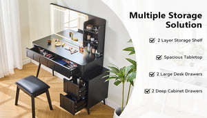 English Elm Modern Makeup Vanity Desk with Slide-Out Cabinet, LED Mirror, 4 Soft-Close Drawers & Cushioned Stool Black N844P257529B