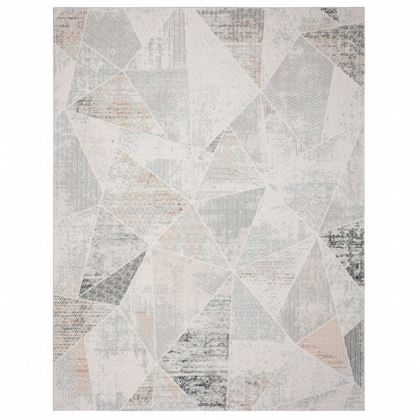 HomeRoots 9' Geometric Area Rug in Gray, Blue, Taupe & Cream - Stain-Resistant for High-Traffic Spaces 9' X 12' 482998
