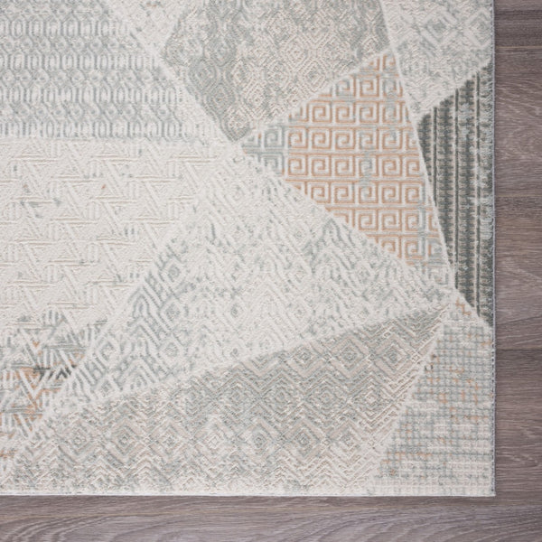HomeRoots 9' Geometric Area Rug in Gray, Blue, Taupe & Cream - Stain-Resistant for High-Traffic Spaces 9' X 12' 482998