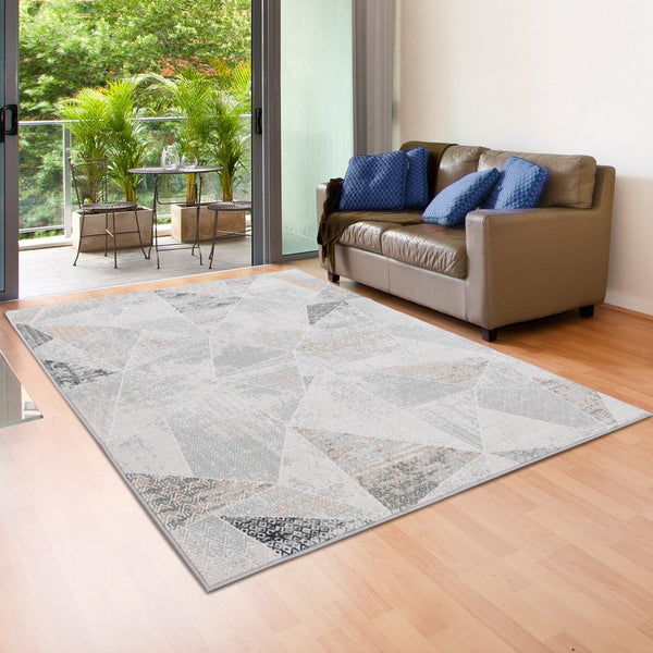 HomeRoots 9' Geometric Area Rug in Gray, Blue, Taupe & Cream - Stain-Resistant for High-Traffic Spaces 9' X 12' 482998