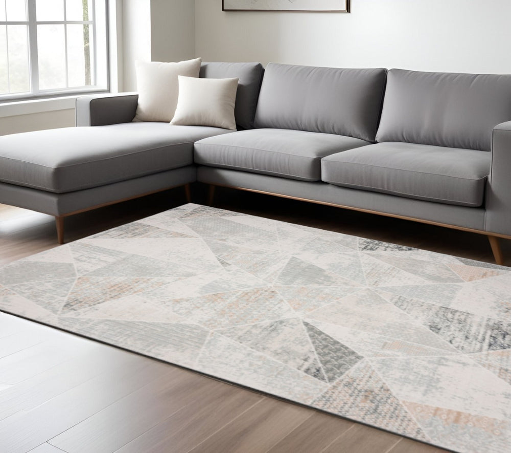HomeRoots 9' Geometric Area Rug in Gray, Blue, Taupe & Cream - Stain-Resistant for High-Traffic Spaces 9' X 12' 482998