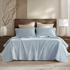 JLA Home Harbor House - Sateen Sheet Set crafted from Egyptian cotton 400TC sateen for breathable luxury, deep‑pocket fit, OEKO‑TEX certified Blue HHD20-1963