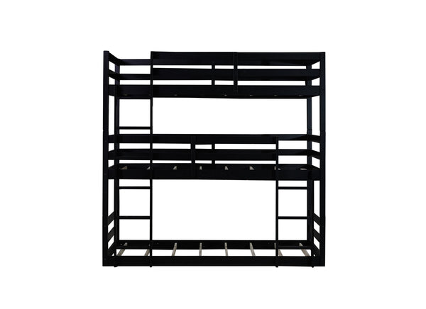 English Elm Triple Rubber Wood Bunk Bed with Built-In Ladders and Guardrails Maximizes Space for Families, Durable Design Black W504S00177