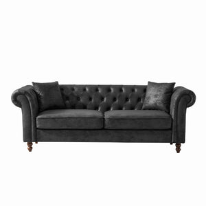 English Elm 83"Chesterfield Plush Tech Fabric Sofa with Roll Armrests, Mid-Century Upholstered 3-Seater Comfort Durable Frame Black W3373S00001