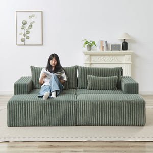 English Elm 87" Oversized Sectional Lounge Chaise - Plush Corduroy Modular Loveseat With Footstools & Pillow W834S00334