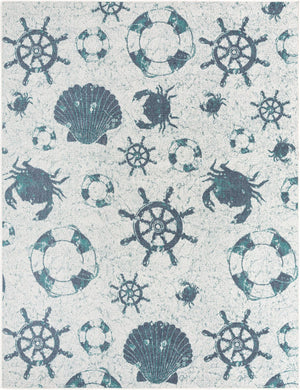 Unique Loom Outdoor Coastal Marmaris Machine Made Solid Print Rug Ivory, Navy Blue/Green 7' 10" x 10' 0"