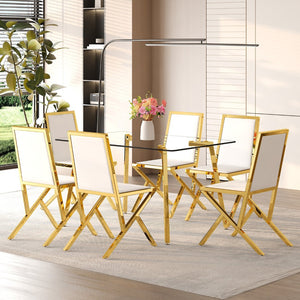 English Elm Table Set Oval Tempered Glass Top with Six Shell Back Pu Chairs Modern Dining Room Transparent,White+Gold W1151S04793