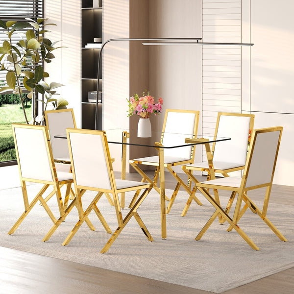 English Elm Table Set Oval Tempered Glass Top with Six Shell Back Pu Chairs Modern Dining Room Transparent,White+Gold W1151S04793