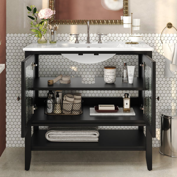 English Elm Christopher Knight Home® - 36" Bathroom Vanity with Ceramic Sink, Solid Wood Legs, Waterproof Finish, Soft-Close Hinges, Open Shelf, Silver Knobs Black N817P286249B