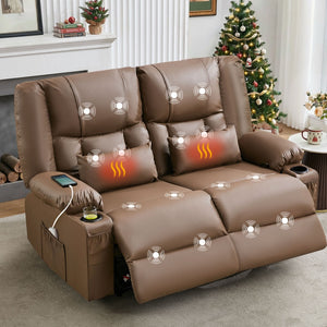 English Elm Recliner Loveseat with Massage Heat Pu Leather Dual Seating and Usb Charging Ports Brown W1521S00083
