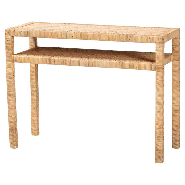 English Elm Bohemian Rattan Panel Acacia Wood Console Table with Open Shelf for Entryway B2750P420407