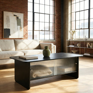 English Elm 47"rectangular Coffee Table Fluted Glass Sliding Doors Retro Wood Grain Living Room Storage Black W3935P408521