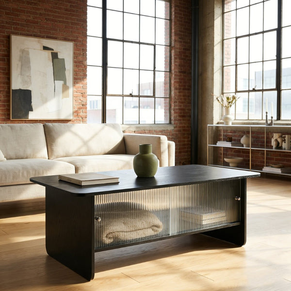 English Elm 47"rectangular Coffee Table Fluted Glass Sliding Doors Retro Wood Grain Living Room Storage Black W3935P408521