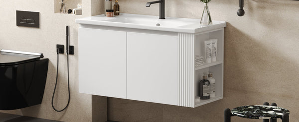 English Elm Christopher Knight Home® - 36" Modern Wall-Mounted Bathroom Vanity with Ceramic Sink, Soft-Close Doors, Fluted Accent & Open Shelves White N817P245322W