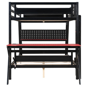 English Elm Full Size Gaming Bunk Bed with Dual Desks Usb Charging Ports and Pegboard Storage Red LT000274AAR