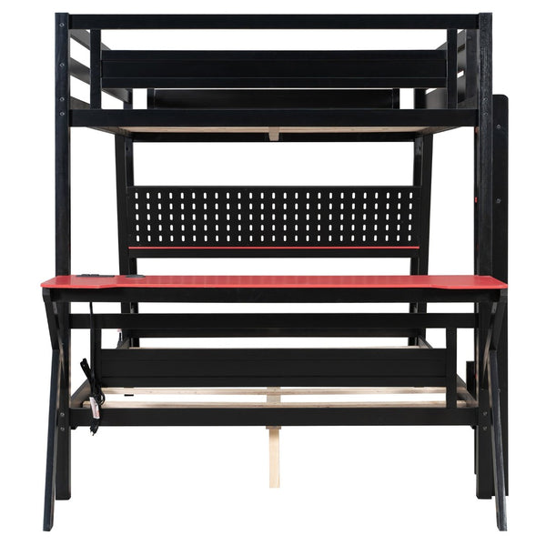 English Elm Full Size Gaming Bunk Bed with Dual Desks Usb Charging Ports and Pegboard Storage Red LT000274AAR