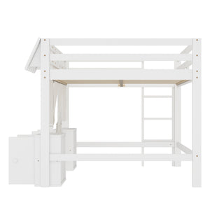 English Elm Full Loft Bed With Bookshelf & Storage - Amusement Park Design, Safety Guardrails, Cozy White Finish W1580S00358