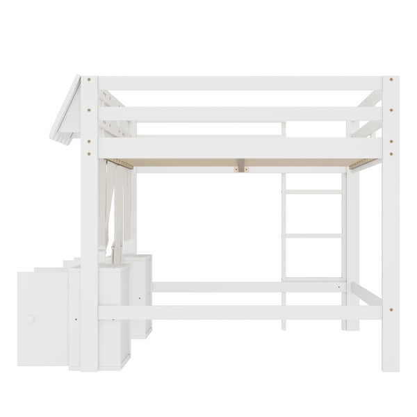 English Elm Full Loft Bed With Bookshelf & Storage - Amusement Park Design, Safety Guardrails, Cozy White Finish W1580S00358