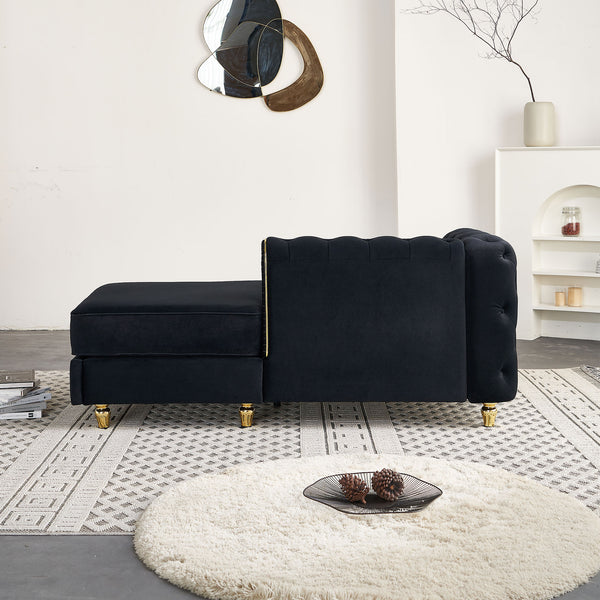 English Elm 66.9''W Velvet Chaise Lounge with Tufted Back and Gold Trim, Luxury Modern Sofa for Living Room Black W579P224635