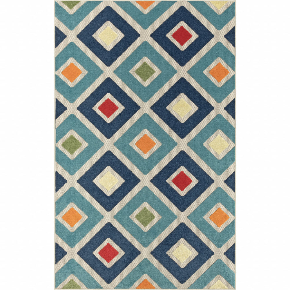 Homeroots 5' X 8' Blue And Ivory Geometric Stain Resistant Indoor Outdoor Area Rug  Polypropylene 483014