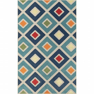 Homeroots 5' X 8' Blue And Ivory Geometric Stain Resistant Indoor Outdoor Area Rug  Polypropylene 483014