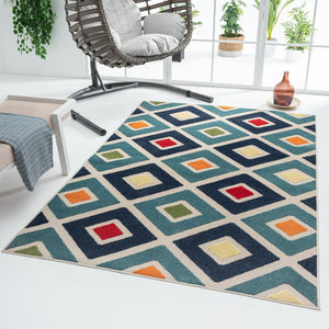 Homeroots 5' X 8' Blue And Ivory Geometric Stain Resistant Indoor Outdoor Area Rug  Polypropylene 483014