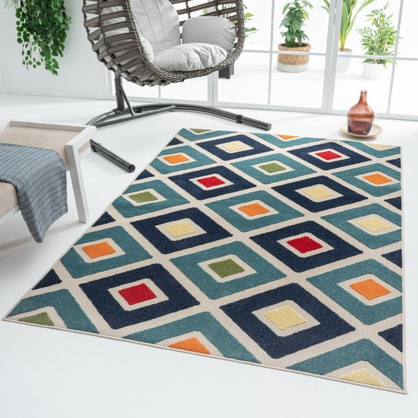 Homeroots 5' X 8' Blue And Ivory Geometric Stain Resistant Indoor Outdoor Area Rug  Polypropylene 483014