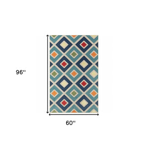 Homeroots 5' X 8' Blue And Ivory Geometric Stain Resistant Indoor Outdoor Area Rug  Polypropylene 483014