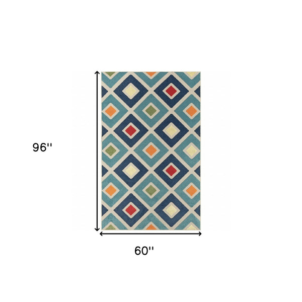 Homeroots 5' X 8' Blue And Ivory Geometric Stain Resistant Indoor Outdoor Area Rug  Polypropylene 483014