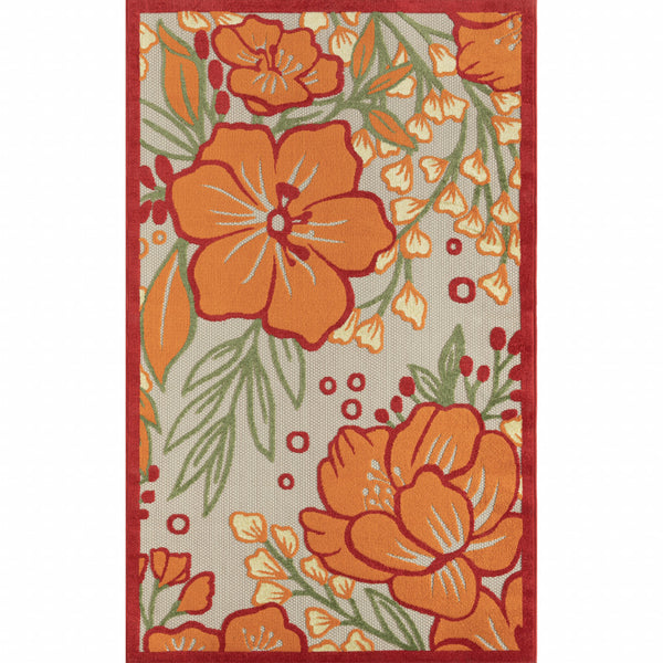 Homeroots 5' X 8' Orange And Ivory Floral Stain Resistant Indoor Outdoor Area Rug  Polypropylene 483022