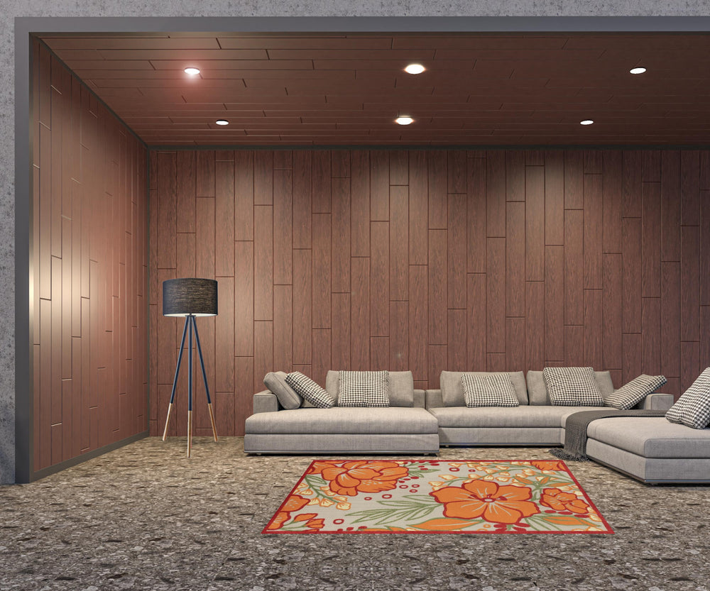 Homeroots 5' X 8' Orange And Ivory Floral Stain Resistant Indoor Outdoor Area Rug  Polypropylene 483022