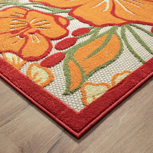 Homeroots 5' X 8' Orange And Ivory Floral Stain Resistant Indoor Outdoor Area Rug  Polypropylene 483022