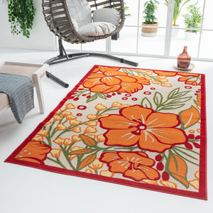 Homeroots 5' X 8' Orange And Ivory Floral Stain Resistant Indoor Outdoor Area Rug  Polypropylene 483022