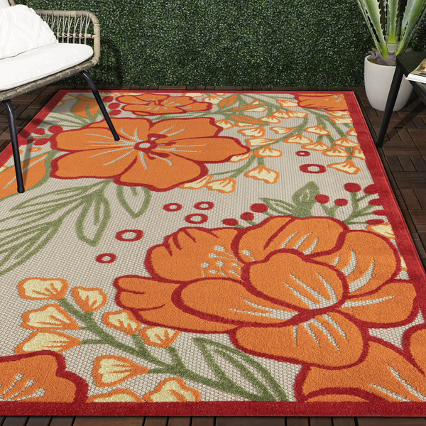 Homeroots 5' X 8' Orange And Ivory Floral Stain Resistant Indoor Outdoor Area Rug  Polypropylene 483022