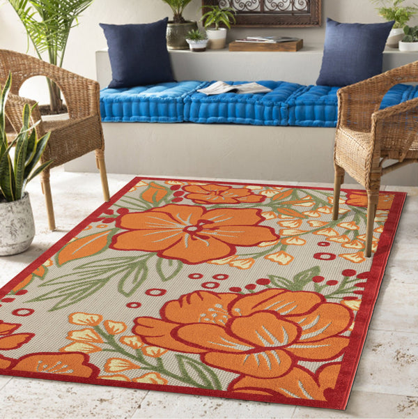 Homeroots 5' X 8' Orange And Ivory Floral Stain Resistant Indoor Outdoor Area Rug  Polypropylene 483022