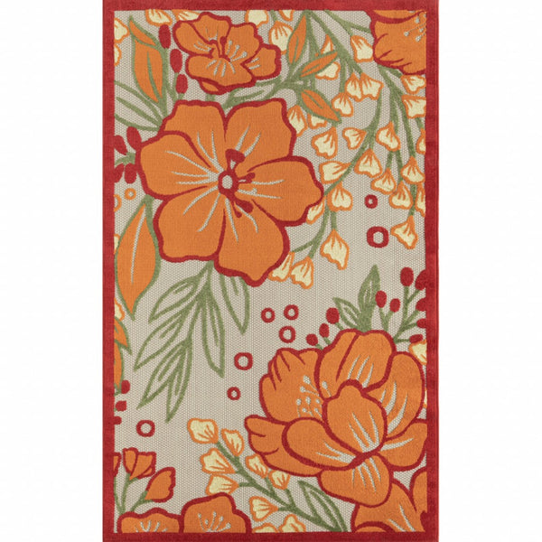 HomeRoots 8' X 10' Vibrant Orange and Ivory Floral Area Rug - Durable for Indoor & Outdoor High-Traffic Use 483023