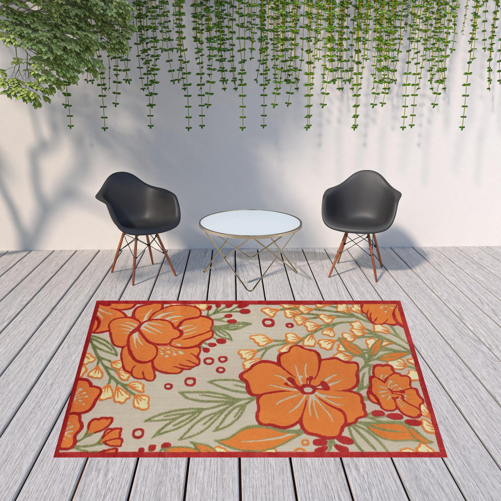 Homeroots 8' X 10' Orange And Ivory Floral Stain Resistant Indoor Outdoor Area Rug  Polypropylene 483023