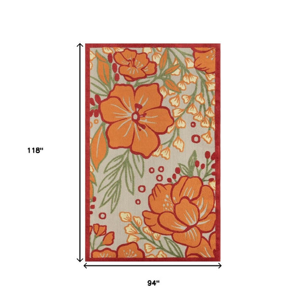 HomeRoots 8' X 10' Vibrant Orange and Ivory Floral Area Rug - Durable for Indoor & Outdoor High-Traffic Use 483023