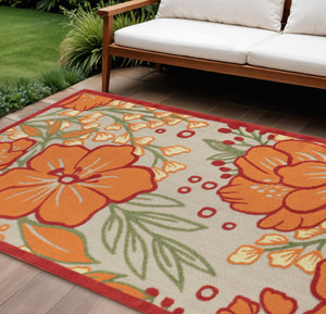 HomeRoots 8' X 10' Vibrant Orange and Ivory Floral Area Rug - Durable for Indoor & Outdoor High-Traffic Use 483023