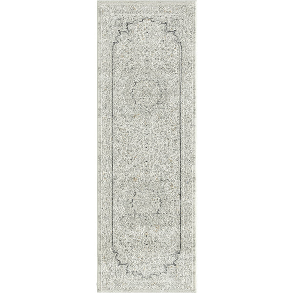 Homeroots 2' X 6' Ivory And Gray Floral Medallion Power Loom Stain Resistant Area Rug  Polyester 483025