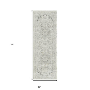 Homeroots 2' X 6' Ivory And Gray Floral Medallion Power Loom Stain Resistant Area Rug  Polyester 483025
