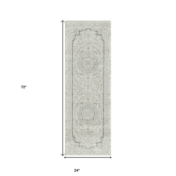 Homeroots 2' X 6' Ivory And Gray Floral Medallion Power Loom Stain Resistant Area Rug  Polyester 483025