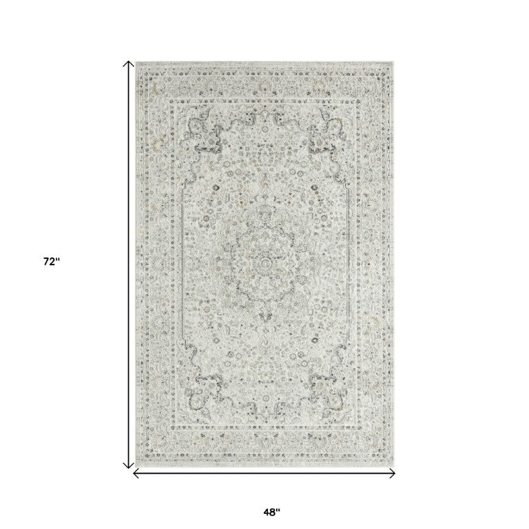 4 X 6 Floral Medallion Area Rug Stain Resistant High-low Pile Ivory Gray Neutral