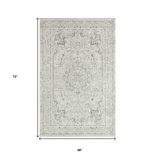Homeroots 4' X 6' Ivory And Gray Floral Medallion Stain Resistant Area Rug  Polyester 483026