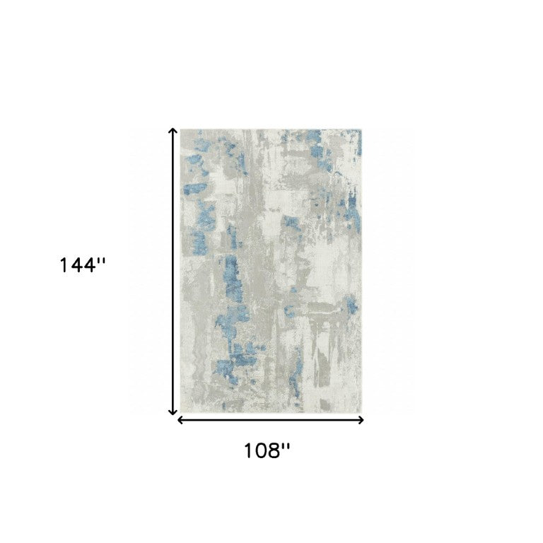 HomeRoots Abstract Power Loomed Stain Resistant Low Pile Area Rug for Living Room in Ivory Gray Blue 9' x 12' 483035