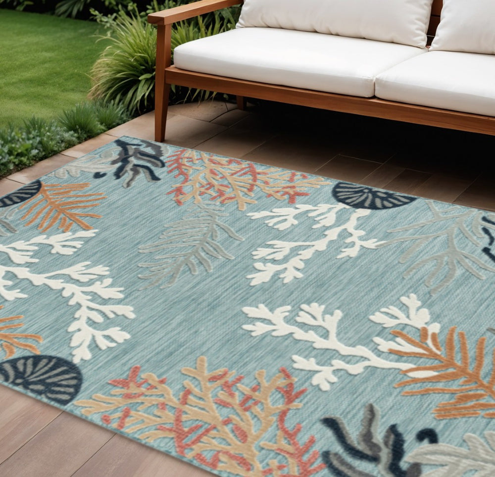 HomeRoots 8' X 10' Blue and White Abstract Indoor/Outdoor Rug - Durable, Fade Resistant, Easy Care for Modern Spaces 483053