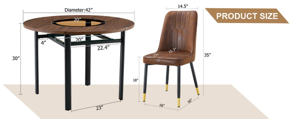 English Elm Table and Chair Set 42 Inch Round Wood Grain Top with Glass Inlay Modern Dining W1151S04491